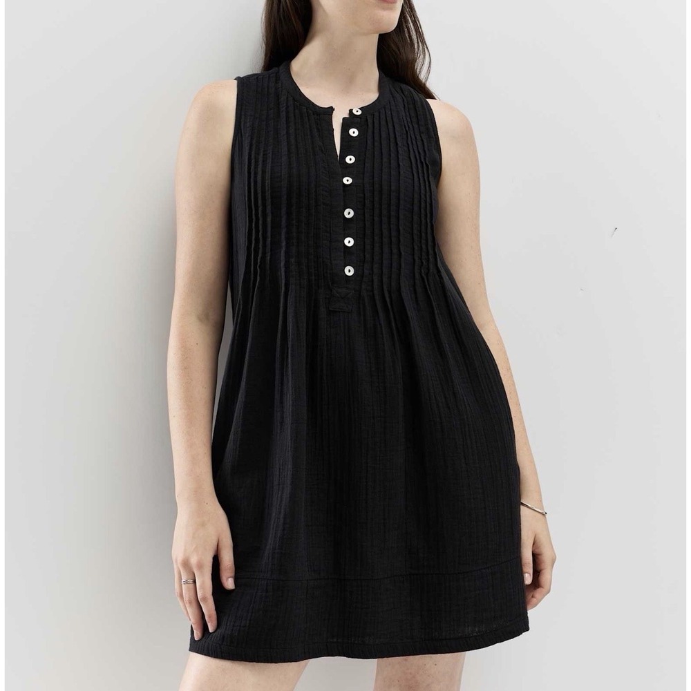 Quince 100% Organic Cotton Gauze Sleeveless Swing Dress Black Shift Size S